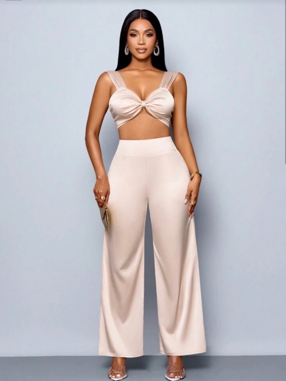 Ensemble 2 pièces femme satin abricot – Haut à nœud et pantalon taille haute